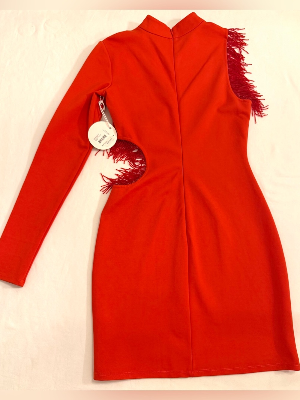 STAUD Mini Kirsten Dress in Fire Red Long-Sleeve with Fringe Cutouts Size Small - Picture 2 of 15